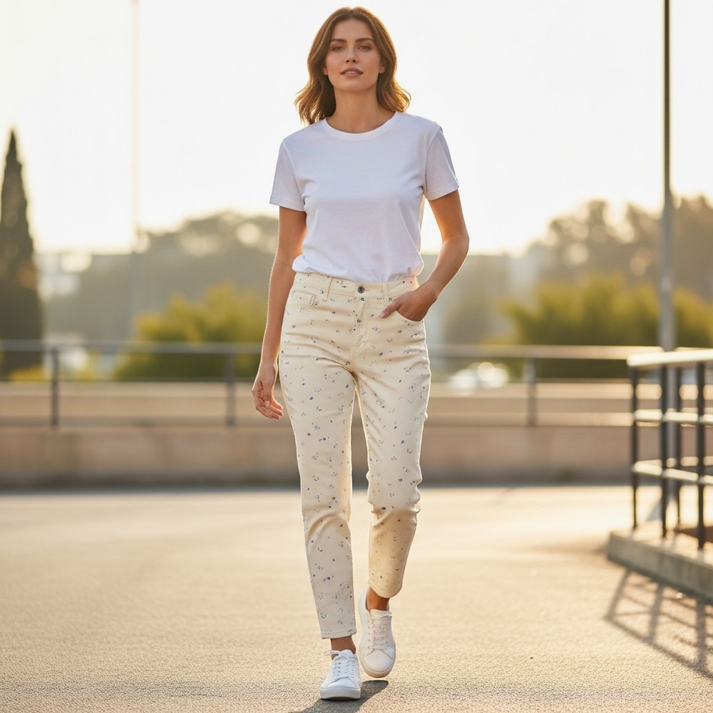 Free Assembly Womens Floral High Rise Straight Jeans Cream Blue S 20 Short 40X26
